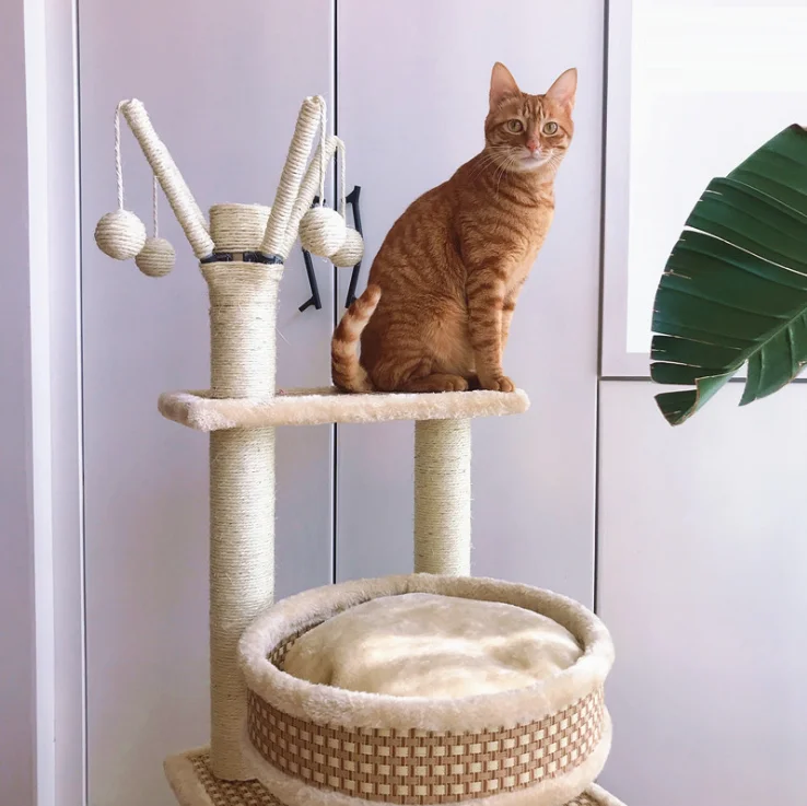 Plush Wooden Cat Furniture Pet Condo Tower Cat Scratcher Tree House Tower
