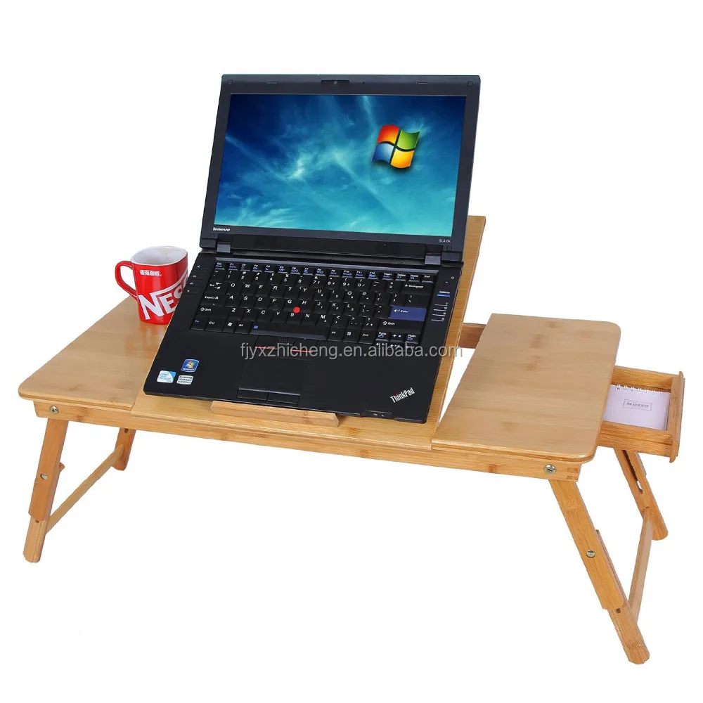 Wholesale Eco-friendly Right/Left handed Laptop Desk Bamboo Foldable Wooden Bed Table Tray With Drawer