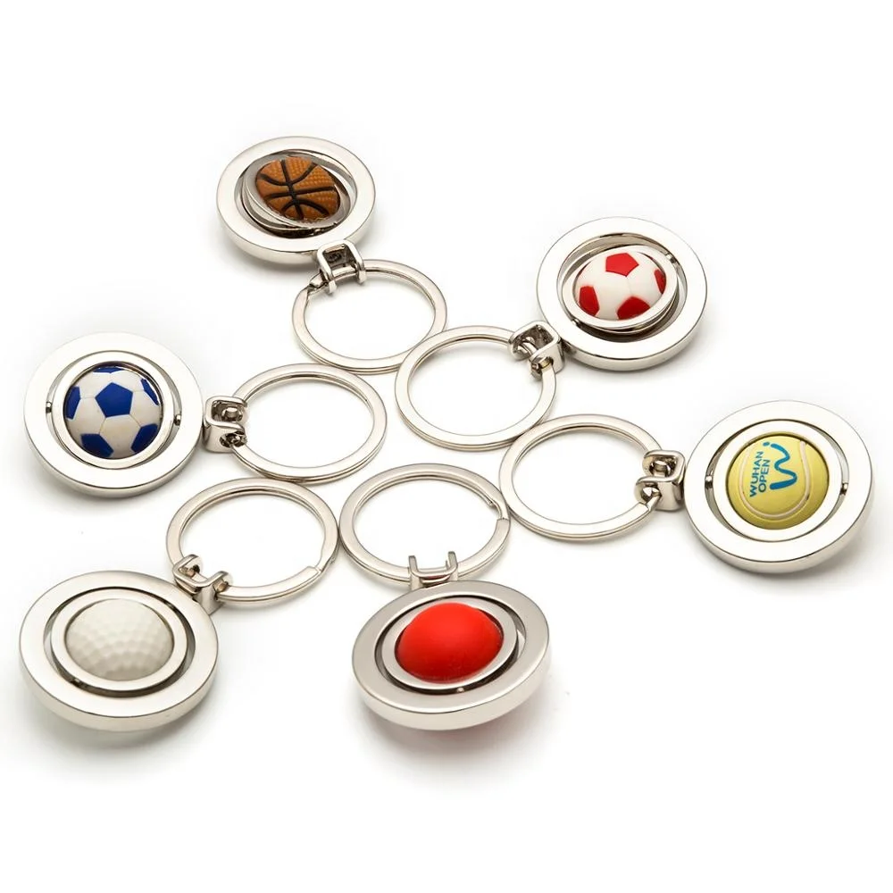 rotating metal zinc alloy with soft pvc soccer/basket ball custom keyring