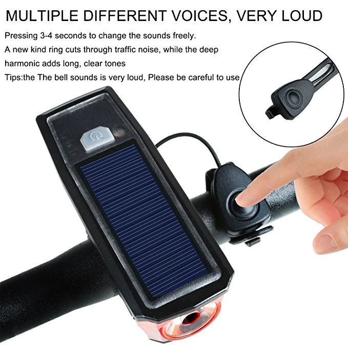 USB rechargeable waterproof IPX5  Solar Powered Bicycle Light LED Front Light with Bell Horn Solar mountain bike lights