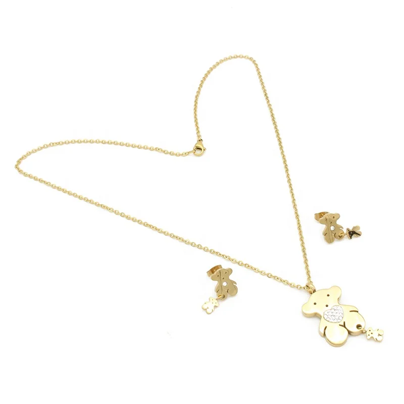 Fashionable Bear Shaped Stainless Steel Artificial Gold Crystal Rhinestone Necklace Set