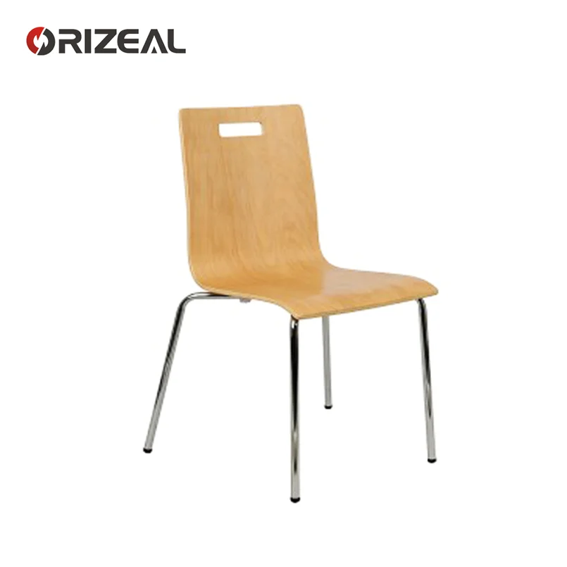 Low back stacking stainless steel bent plywood chair with chromed metal frame for cafe restaurant
