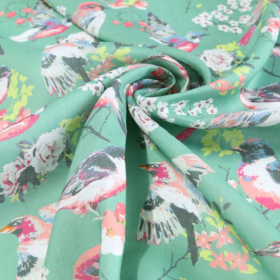 Digital Printing Bird Floral Design on 100% Linen Fabric for Dresses