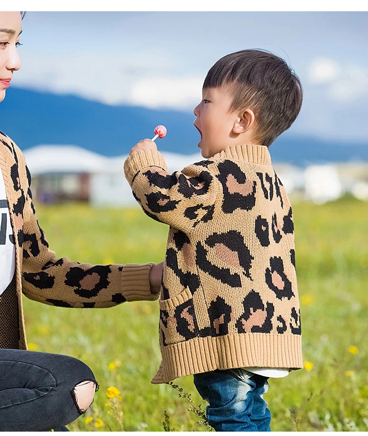 Custom Fashion leopard print pattern mom and me family matching clothing jacquard knit mommy and baby kids cardigan outfits