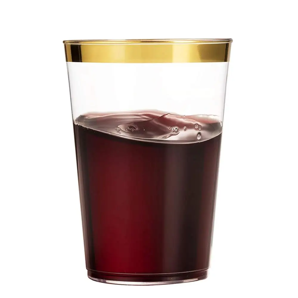 
100 Gold Plastic Cups 10 Oz Clear Plastic Tumblers Gold Rimmed Fancy Disposable Wedding Elegant Party with Gold Rim 