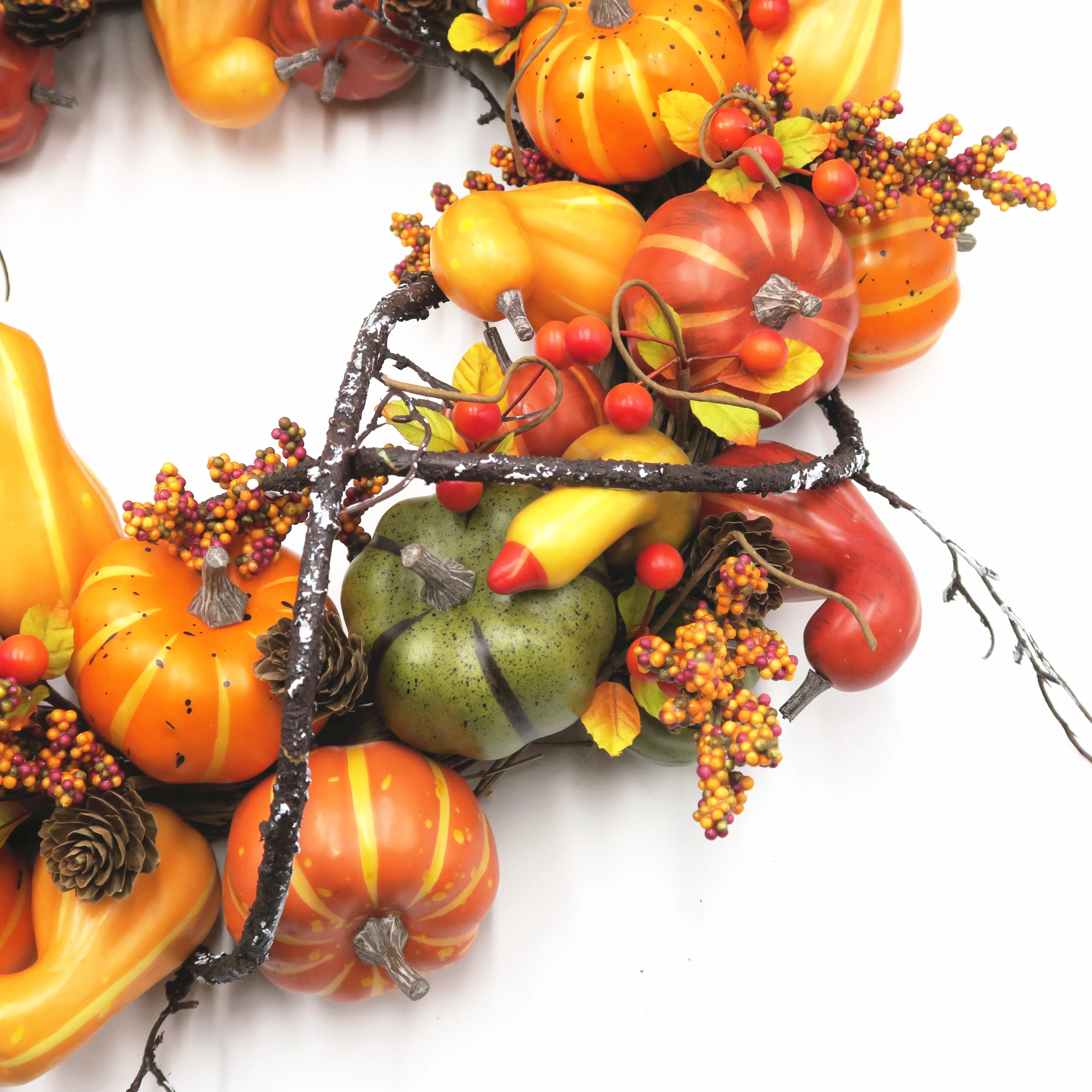 Fall autumn golden pumpkin wreath with berry for harvest and door decoration