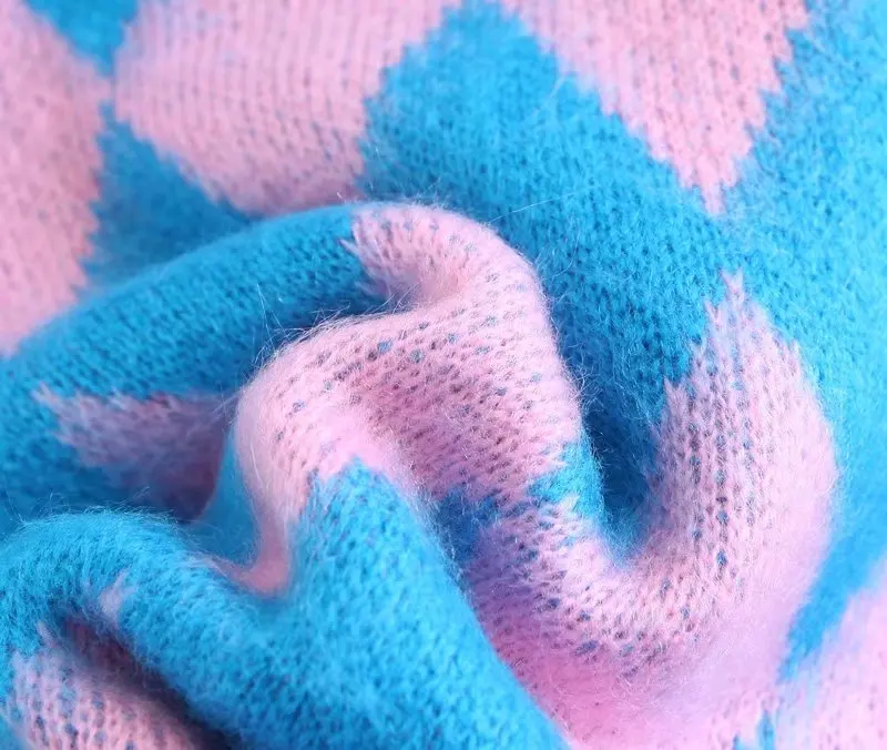 Custom Pullover v neck modern printed pattern mohair long sleeve knitted mink lady knitwear long sweater jumper