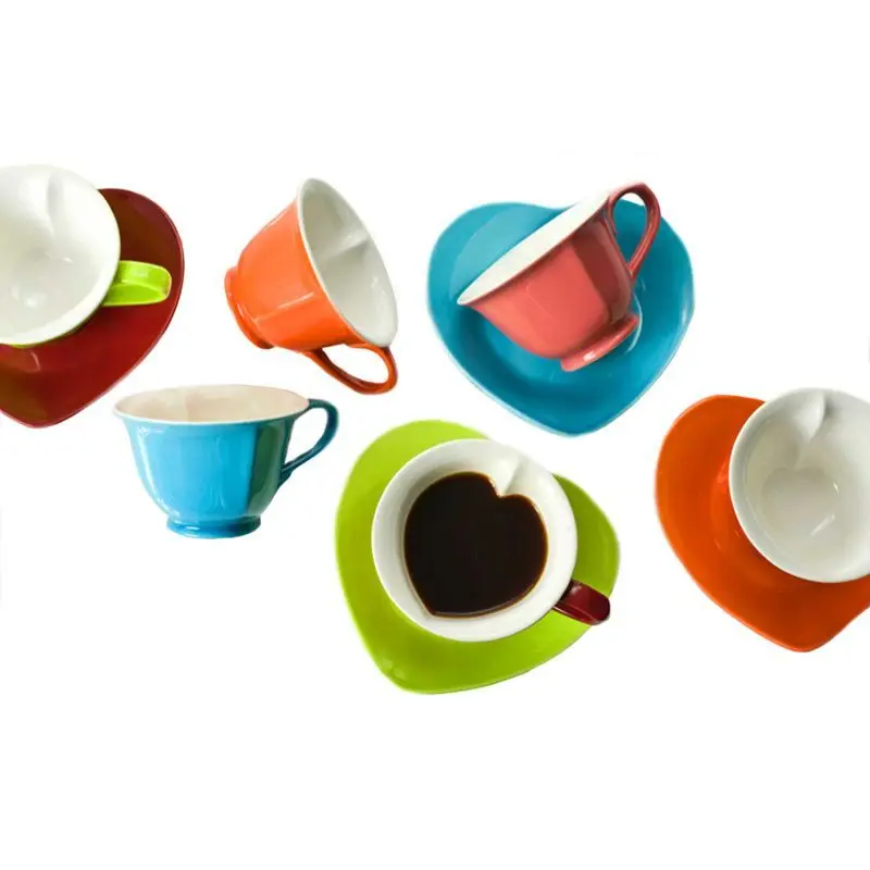 
EU Market elegant Ceramic tea coffee cup and saucer heart shaped with gold rimmed handle 