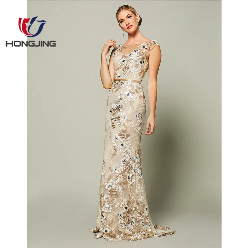 women wear new style sexy Floral Embroidered Lace Gown Illusion neck Cap sleeves Back zipper closure floor length midi dress