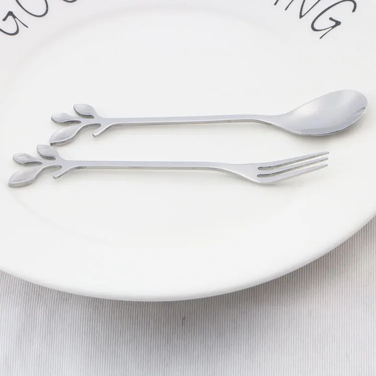 Вилка и ложка для торта с листьями, набор красочных маленьких вилок и ложек для торта из нержавеющей стали