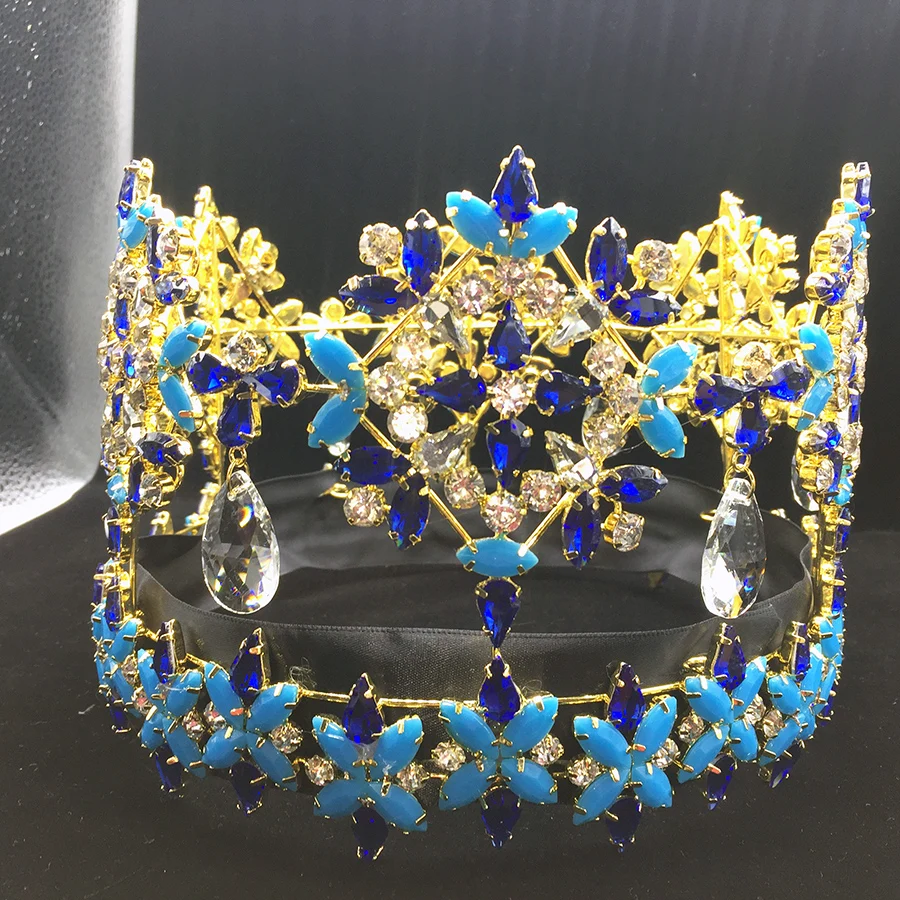 Full Round Crown Miss World Tiara Pageant Blue Stone Tall Crown