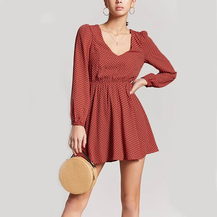 Latest Design Long Peasant Sleeve Polka Dot Mini Skater Dresses For Women