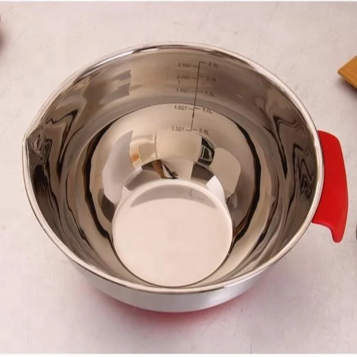 High quality 304 stainless steel japanese style handle mixing bowl with silicone bottom and measurer