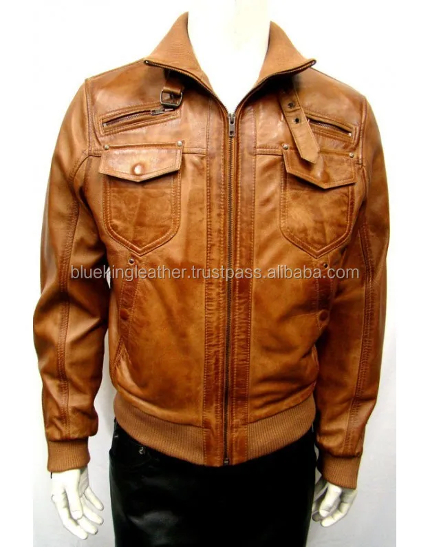 Mens Brown Bomber Leather Jacket 6 Pocket Real Leather