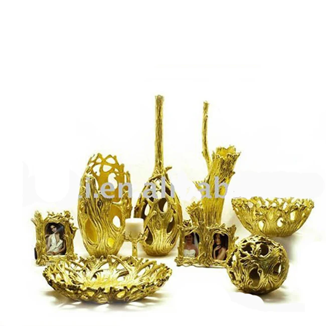 Resin Tree Root Shape Golden Luxury Tabletop Decorative Sets Including Vase Bowl Candle Holder