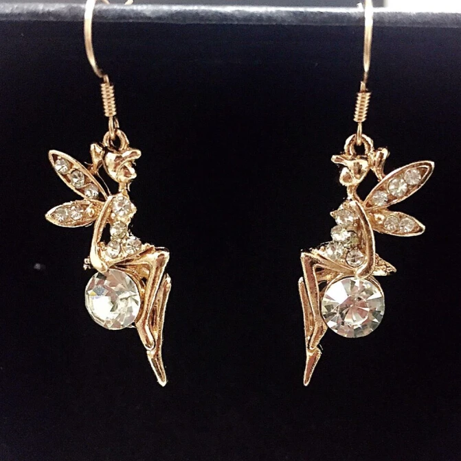 New design fairy white ball crystal earrings Angel wing rhinestone drop earrings lovely cute women angel earring jewelry
