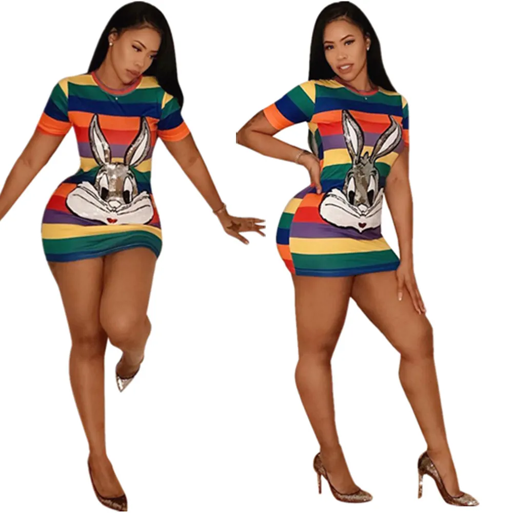 Wholesale 24$ for 3 pieces OEM ODM MD8203 women fashion striped cartoon sequins bandage bodycon mini dress