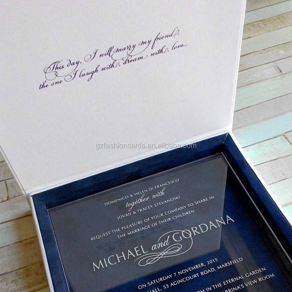 Gorgeous Hardcover Pocket Inside DIY Party Box Invitations with Clear Acrylic Wedding Invitation card