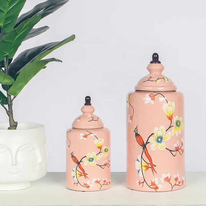 pink ceramic jar with flower and bird painted for hotel or home decoration porcelain holiday gift wholesale