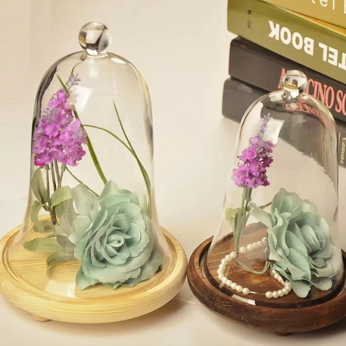 Wholesale Cheap Transparent Dome Glass Hood With Round Wood Base Glass cloche with Oak base for Valuable Gifts Decoration