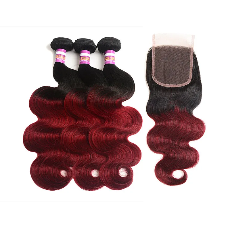 
Wholesale Two Tone 1B/99# Body Wave Hair Weave 3 Pcs With Lace Closure Ombre Colored Burgundy Human Hair Bundles With Closure 