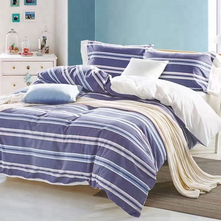 Custom korean stripe hotel bedding four sets 100% Cotton Flat Sheet , Quilt Cover , Bed Linen With Pillow Case