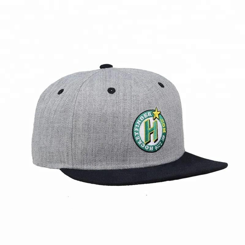 
Fashion Gorra Flat Flip Brim Vintage Embroidery Heather Grey Wool Custom Snapback Caps 
