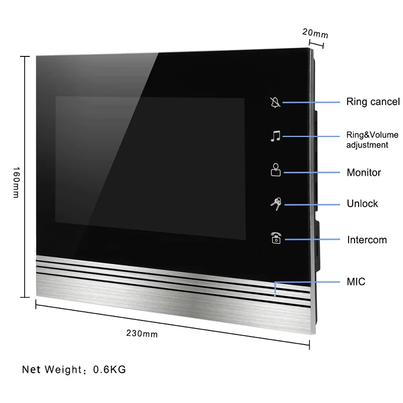 
Wired Video Doorbell 7 Inch TFT-LCD Color Screen Monitor system and Rainoroof Infrared Nifht Vision Camera For Villa 