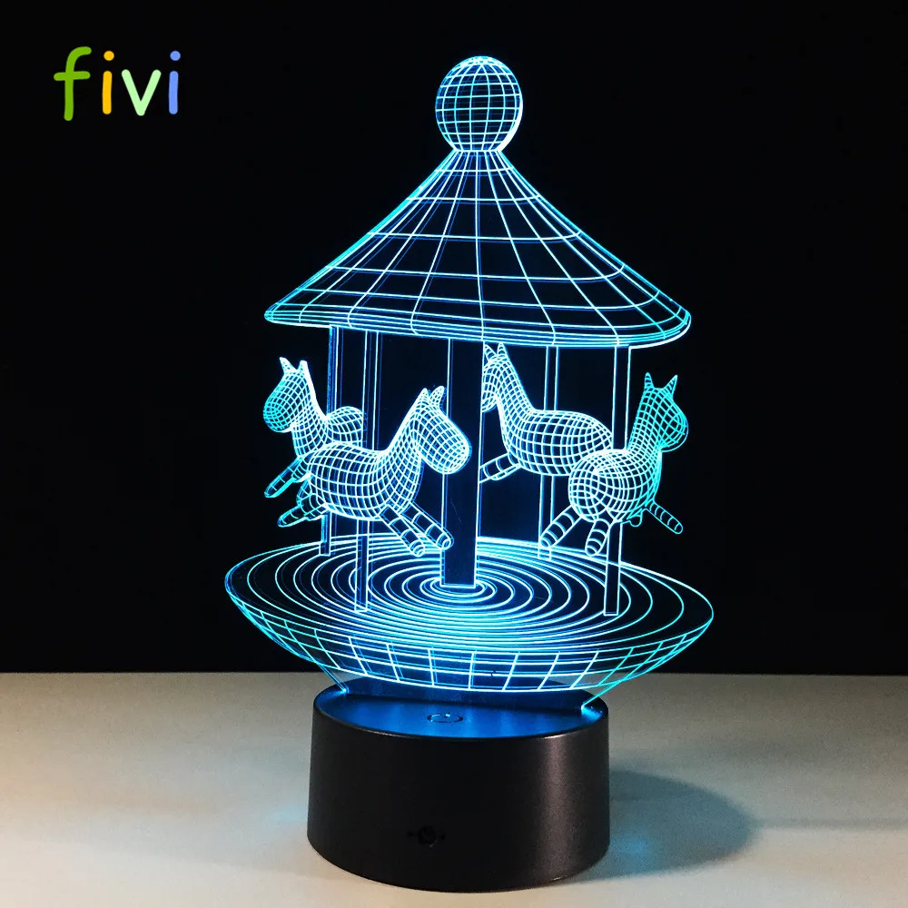New Creative 3D Happy Holidays Cartoon Playground Carousel illusion 7 Colors Gradient LED Night Light Child Kids Xmas Toys Gifts
