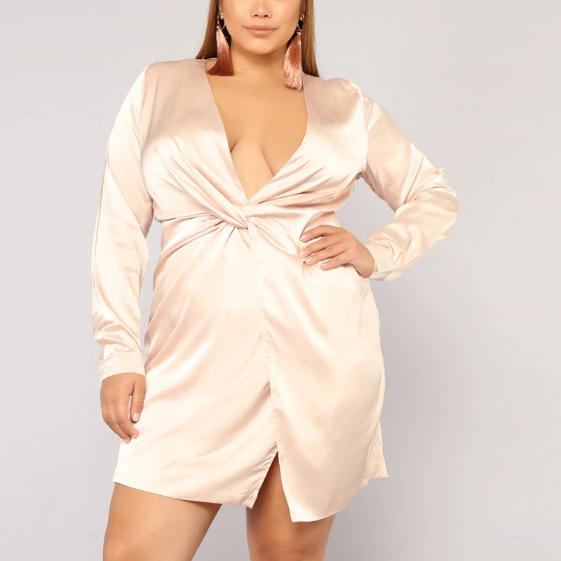 Long Sleeve Sexy Hot Pink Satin Style Night Party Dress women