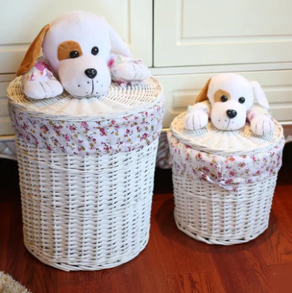 Wholesale large wicker laundry baskets with lid with toy animal handle