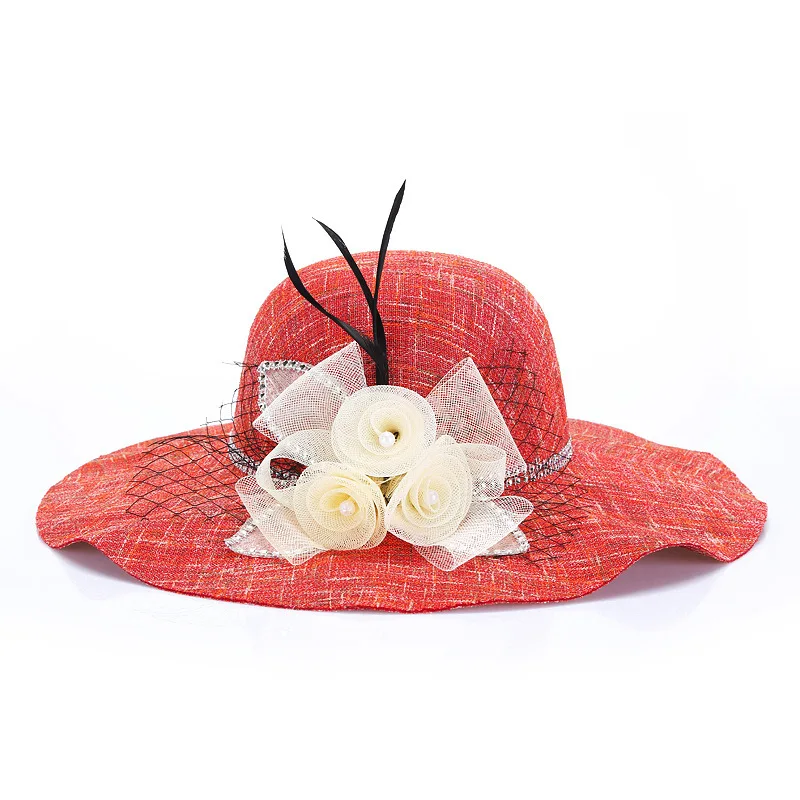 Китайский производитель новый стиль летний солнцезащитный козырек sinamay элегантная женская церковная шляпа с широкими полями и цветком