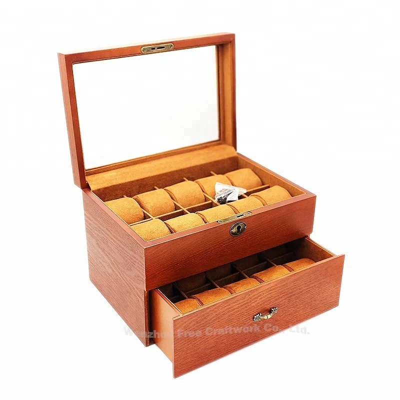 Factory Custom Luxury Solid Wood Watch Gift Box With Drawer Wooden Display Watch Storage Key Lock Box