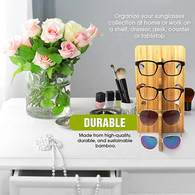 
Bamboo vertical eyewear organizer stand sunglasses display rack with holds 4 pairs 