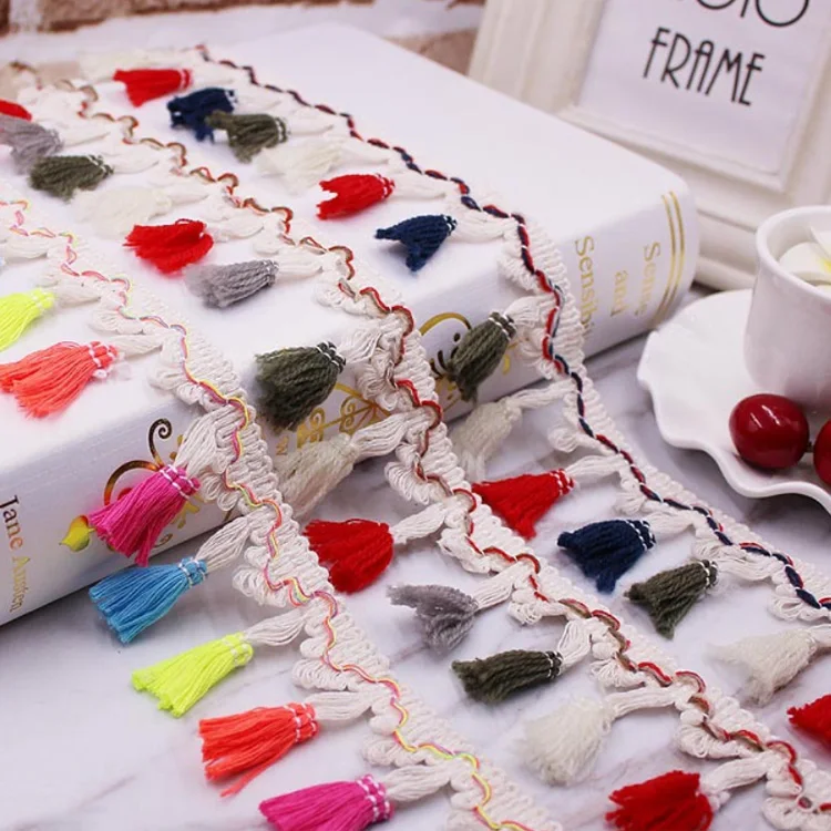 wholesale colored dyed small round chinlon yarn pompom lace trim for clothes