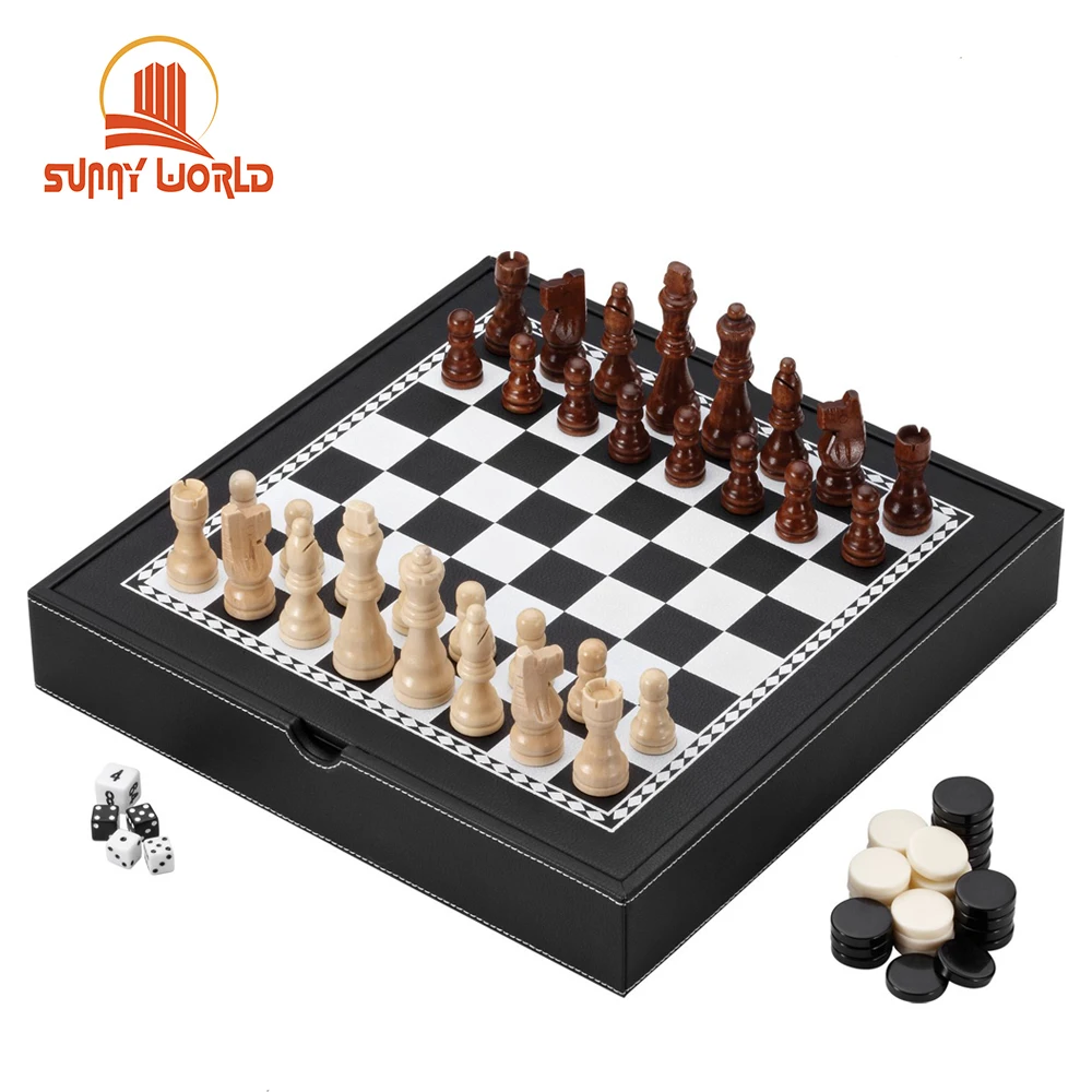 Custom PU Leather Chess and Backgammon Game Set Wooden Checkers Set 3 in 1 Toys