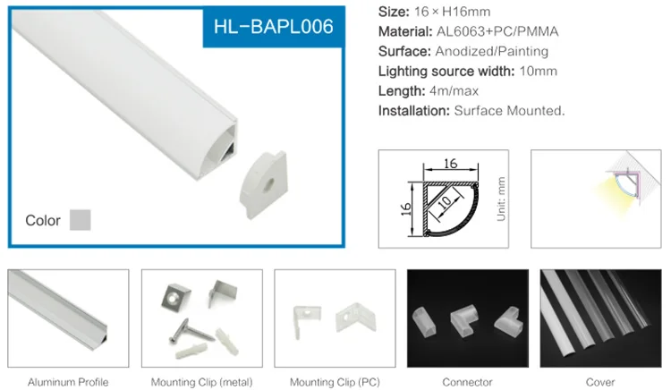 45 degree corner Aluminium led profile with Opal diffuser Chinese supplier extrusion channel