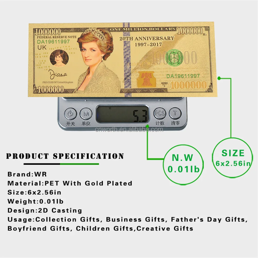1 Million Dollar Diana Princess Challenge Coin Princess 24k Gold Plated Foil Banknote