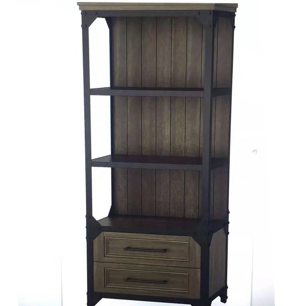 Hoifat floor display stand wood living room garage antique funiture unit 3-tier storage display book rack shelf with 2 drawers