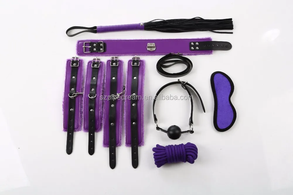 Sex Bondage Fetish BDSM Roleplay Handcuffs Whip Rope Blindfold Ball Gag with PU Leather Slave Bondage Kit Set