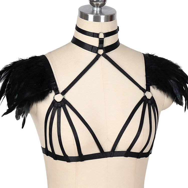 Black Strappy Crop Tops Lingerie Belt Feather Harness Epaulette for Women Adjust Elastic Punk Bralette Festival Rave Clothing