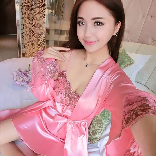 Wholesale Hot Sale Silk Plain Long Sleeve Gown Suit Lady Sexy Satin With Lace Skirts Night Sleeping Robe Sets