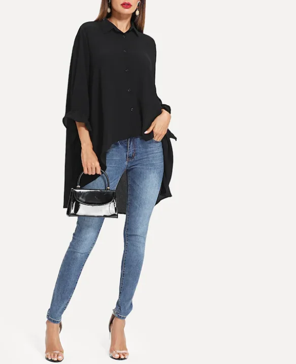 Special cutting ladies ruffle French cuff high low three quarter 3/4 length sleeve shirts for mature women tops and blouses