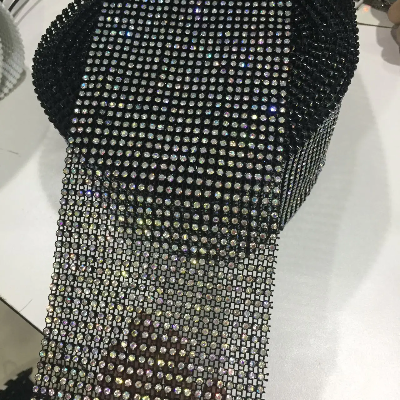 Plastic Rhinestone Sheet  Trimming Elastic Mesh Chain Rolls 24 Rows With Black & Transparent AB Crystal Wholesale Supplier