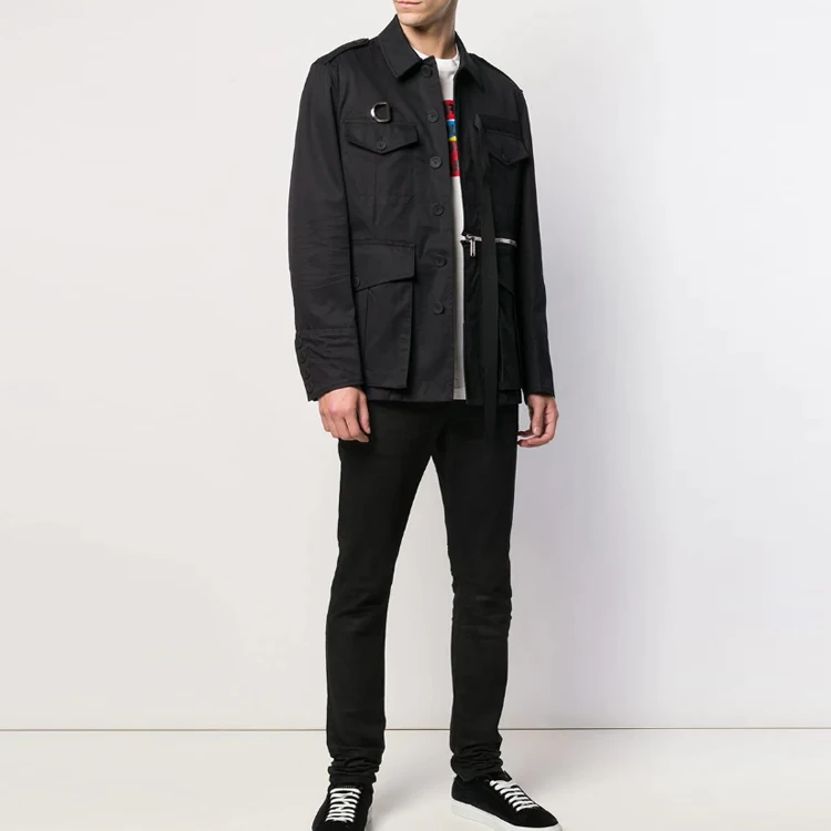 Black D - Shaped Military Style Jacket Concealed Front Opening and Closing for Men