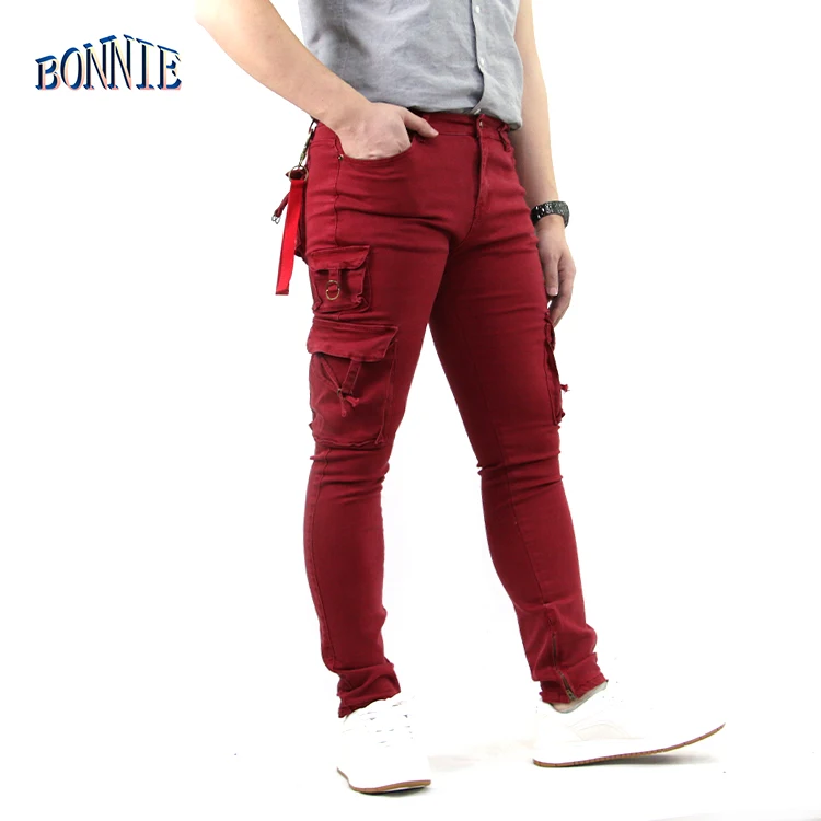 High quality casual fashion 6 pocket cargo red long pants men custom
