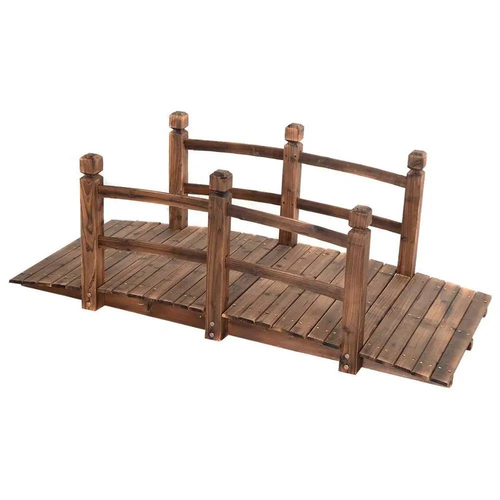 150cm Wooden Garden Bridge Burnt Brown Stained Decorative Solid Wood Garden Pond Arch Walkway