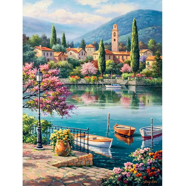 Wholesale Modern indoor wall decoration diy landscape sea and town oil painting by numbers with frame for adults and kids