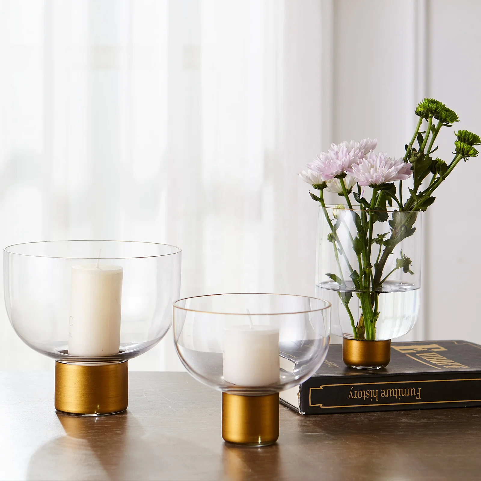 Bixuan Vases Clear Glass Flower Arrangement Vase with Brass Stand Decor Bowl Candleholder Table Centerpieces, 17x15.5CM