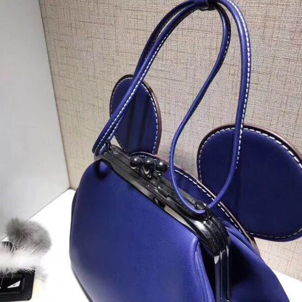 Mickey Ear Clamp Bag Girl Shoulder Bag Handbag Cartoon Lovely Genuine Leather Bag